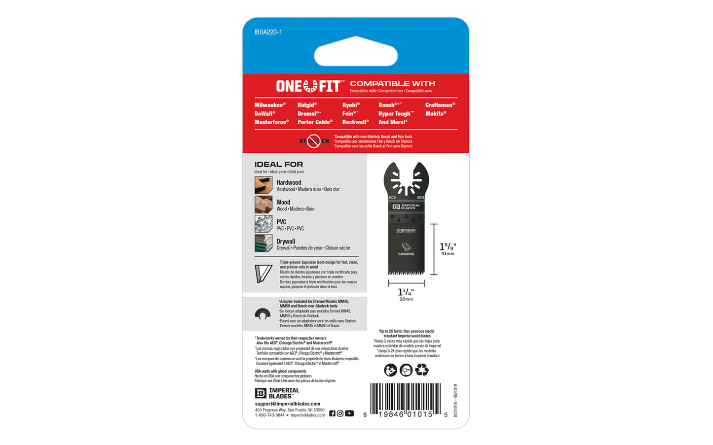 Imperial Blades "One Fit" 1-1/4" Japanese Tooth Hardwood Blade is a HCS blade with a triple-ground Japanese tooth design for fast, clean, & precise cuts in wood. Recommended applications: Hardwood, Wood, PVC, Drywall. Blade Width:  1-1/4" (32 mm). Blade Depth:  1-5/8" (41 mm). Model IBOA220