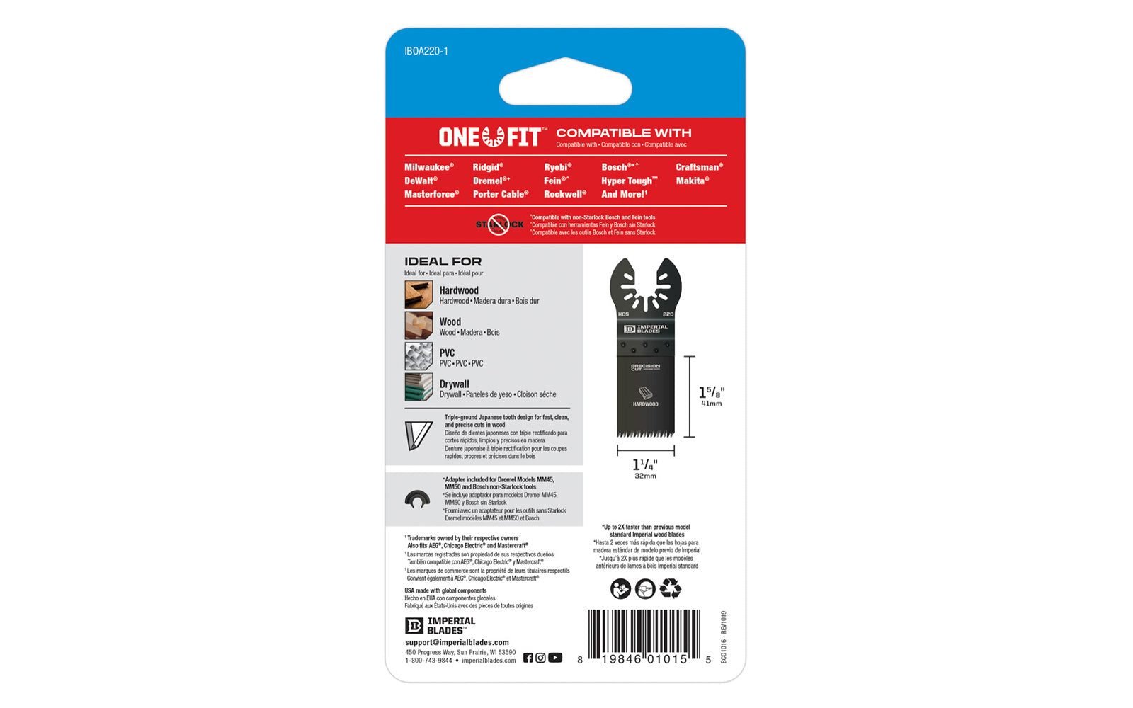 Imperial Blades "One Fit" 1-1/4" Japanese Tooth Hardwood Blade is a HCS blade with a triple-ground Japanese tooth design for fast, clean, & precise cuts in wood. Recommended applications: Hardwood, Wood, PVC, Drywall. Blade Width:  1-1/4" (32 mm). Blade Depth:  1-5/8" (41 mm). Model IBOA220
