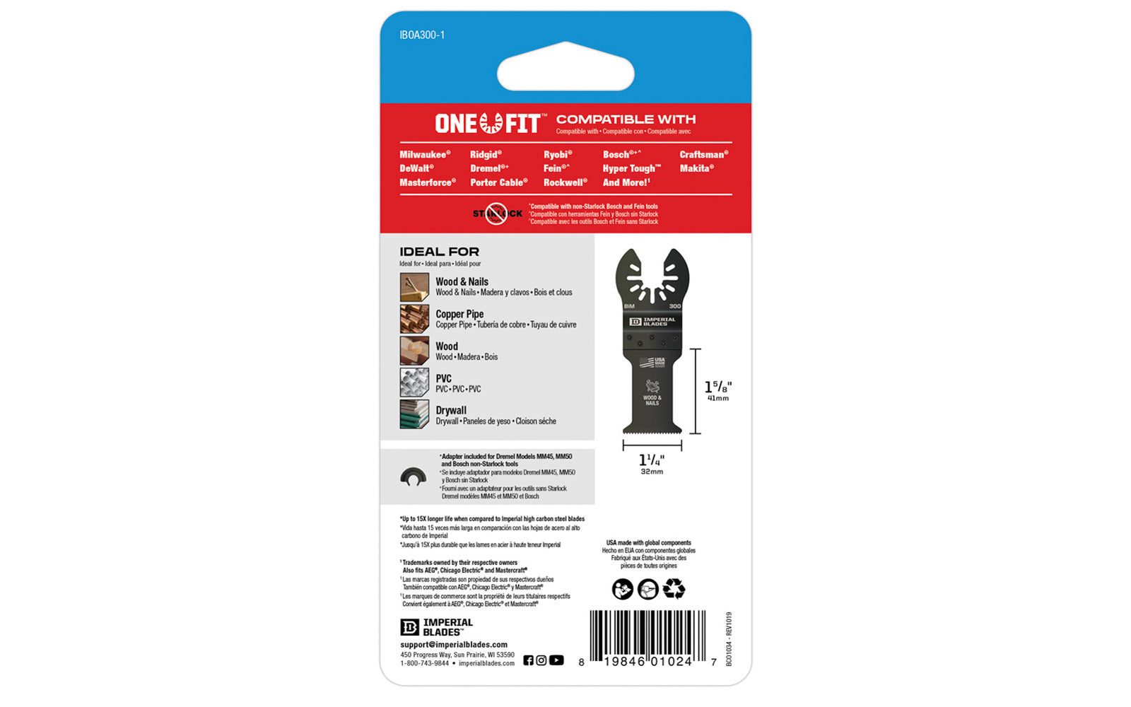 Imperial Blades "One Fit" 1-1/4" Standard Wood & Nails Blade 1 PC is a Bimetal blade with teeth set for Wood & Nails, Copper Pipe, Wood, PVC, Drywall. Blade Width: 1-1/4" (32 mm). Blade Depth: 1-5/8" (41 mm). Standard Wood & Nails Blade - BiM blade. Model No. IBOA300-1. 819846010247. 1 pack. BiM blade