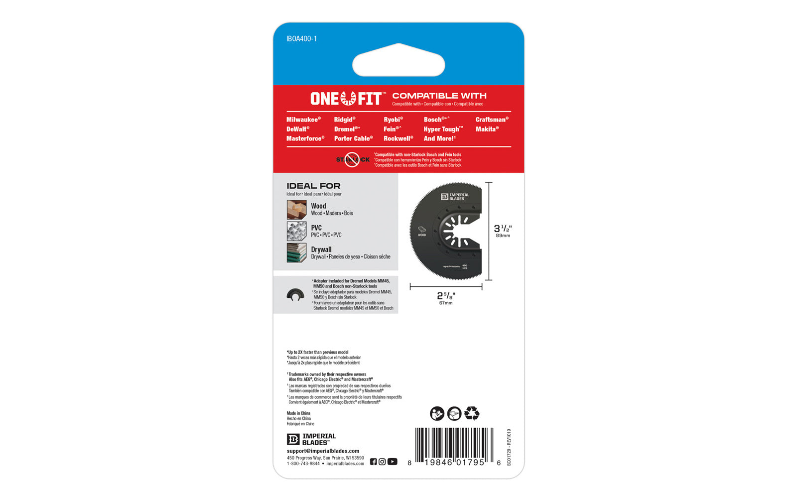 Imperial Blades "One Fit" 3-1/2" Segmented HCS Blade. Segment shape ideal for working in corners & on edges without overcut. The speartooth tooth design delivers fast, aggressive cuts. Raised-anchor design allows for long & straight flush-cuts. For Wood, PVC, Drywall. Sold as one piece in pack.  Made in USA.