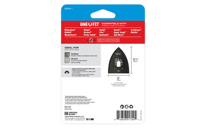 Imperial Blades "One Fit" 3" Dual Carbide Grit Blade. Dual carbide grit for greater versatility. Coarse carbide grit bottom for aggressive material removal over large surface areas. Fine carbide-coated edge for removing grout between tiles. Recommended applications: Tile Mortar, Tile Grout. Model IBOA600. Made in USA. 