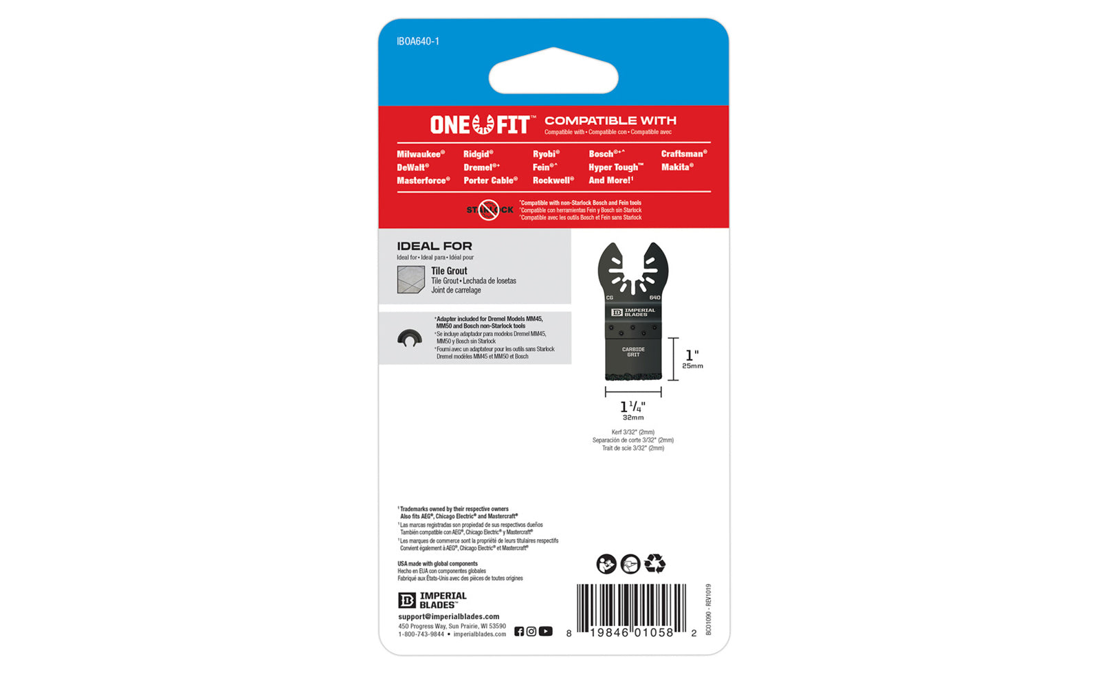 Imperial Blades "One Fit" 1-1/4" Carbide Grit Plunge Cut Blade. Ideal for precise plunge cuts. Recommended applications: Tile Grout. Popular projects: Removing stubborn grout between tiles without damaging tile edges & making plunge cuts in plaster & other soft porous materials. Model IBOA640-1. Made in USA.   