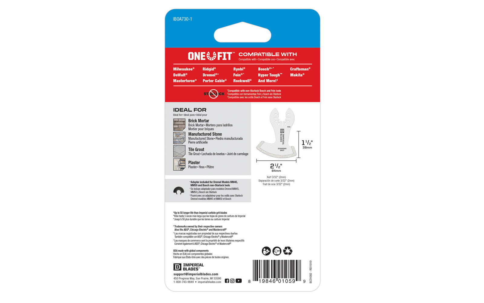 Imperial Blades "One Fit" 2-1/2" Diamond Grit Segment Boot Blade. Segment blade shape ideal for working in corners & on edges without overcut. Recommended applications: Brick Mortar, Manufactured Stone, Tile Grout, Plaster. Made in USA. Model IBOA730-1. 819846010599