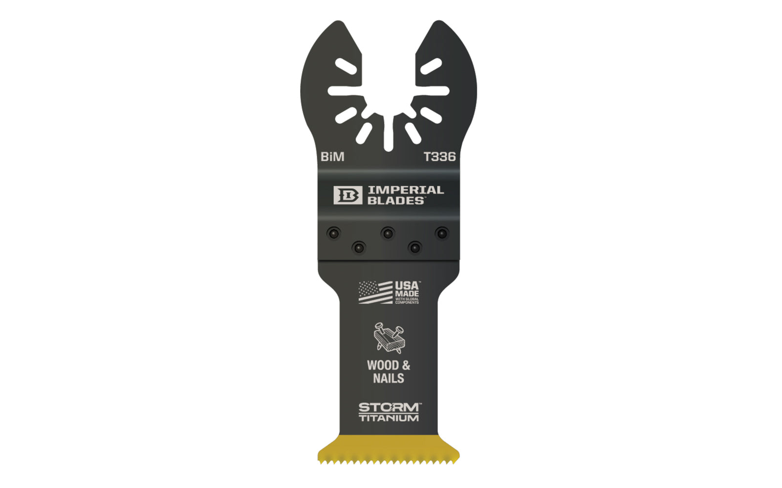 Imperial Blades "One Fit" 1-1/8" Multi-Material Storm Titanium Metal/Wood Blade is a BiM blade with a wavy tooth pattern that reduces strain on individual teeth for a superior cut in a variety of non-ferrous metal profiles. Recommended applications: Metal (Non-Ferrous), Wood & Nails, Wood, PVC, Drywall. Model IBOAT330