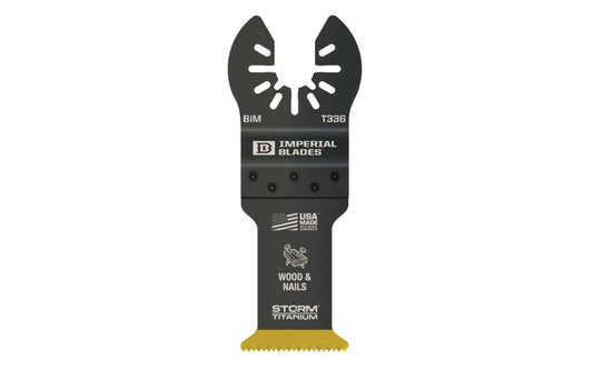 Imperial Blades "One Fit" 1-1/8" Multi-Material Storm Titanium Metal/Wood Blade is a BiM blade with a wavy tooth pattern that reduces strain on individual teeth for a superior cut in a variety of non-ferrous metal profiles. Recommended applications: Metal (Non-Ferrous), Wood & Nails, Wood, PVC, Drywall. Model IBOAT330