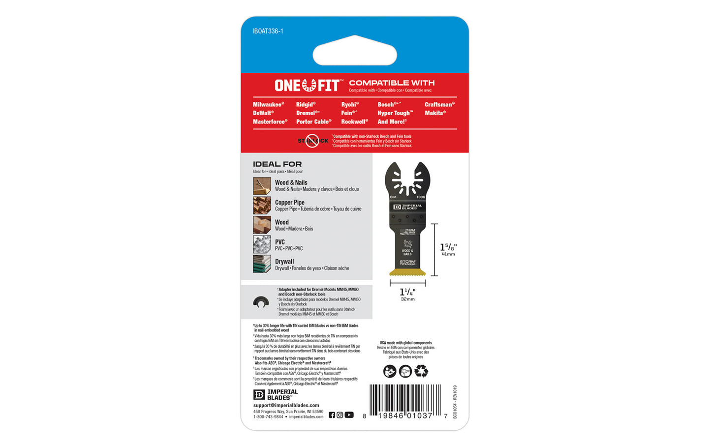 Imperial Blades "One Fit" 1-1/4" Storm Titanium Wood & Nails Blade is a Storm Titanium Enhanced (TiN) coated blade for Wood & Nails, Copper Pipe, Wood, PVC, Drywall. Alternating tooth pattern ideal for fast & smooth cuts in nail-embedded wood & other non-ferrous metals. Model IBOAT336
