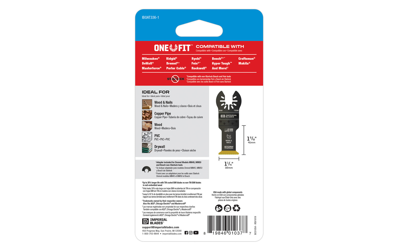 Imperial Blades "One Fit" 1-1/4" Storm Titanium Wood & Nails Blade is a Storm Titanium Enhanced (TiN) coated blade for Wood & Nails, Copper Pipe, Wood, PVC, Drywall. Alternating tooth pattern ideal for fast & smooth cuts in nail-embedded wood & other non-ferrous metals. Model IBOAT336