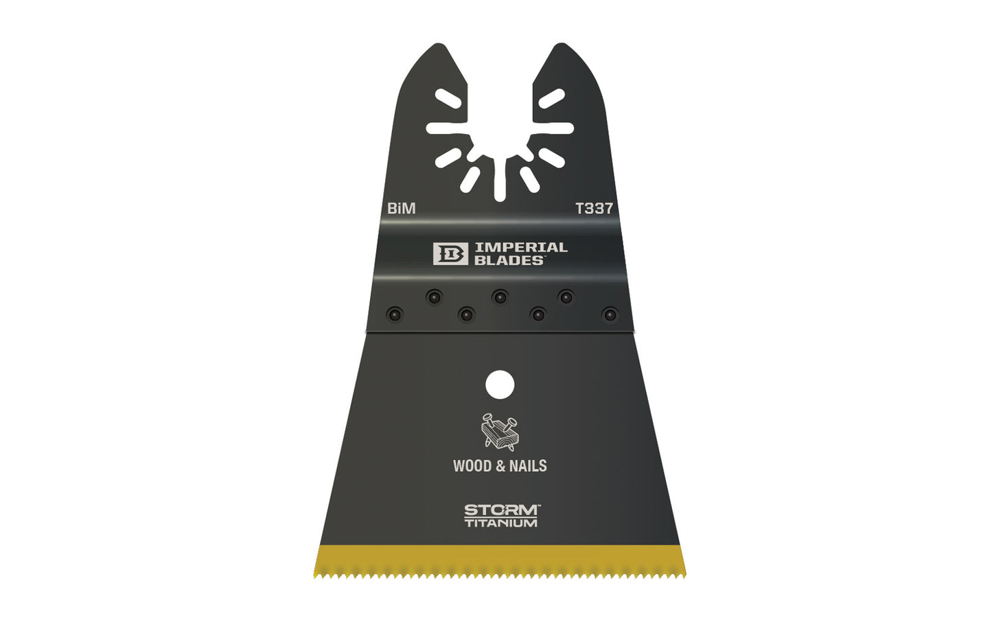 Imperial Blades "One Fit" 2-1/2"  Storm Titanium Wood & Nails Blade is a Storm Titanium Enhanced (TiN) coated blade for longest life & best performance. Recommended applications: Wood & Nails, Copper Pipe, Wood, PVC, Drywall. Popular projects: Cabinetry & cutting door. Model IBOAT337