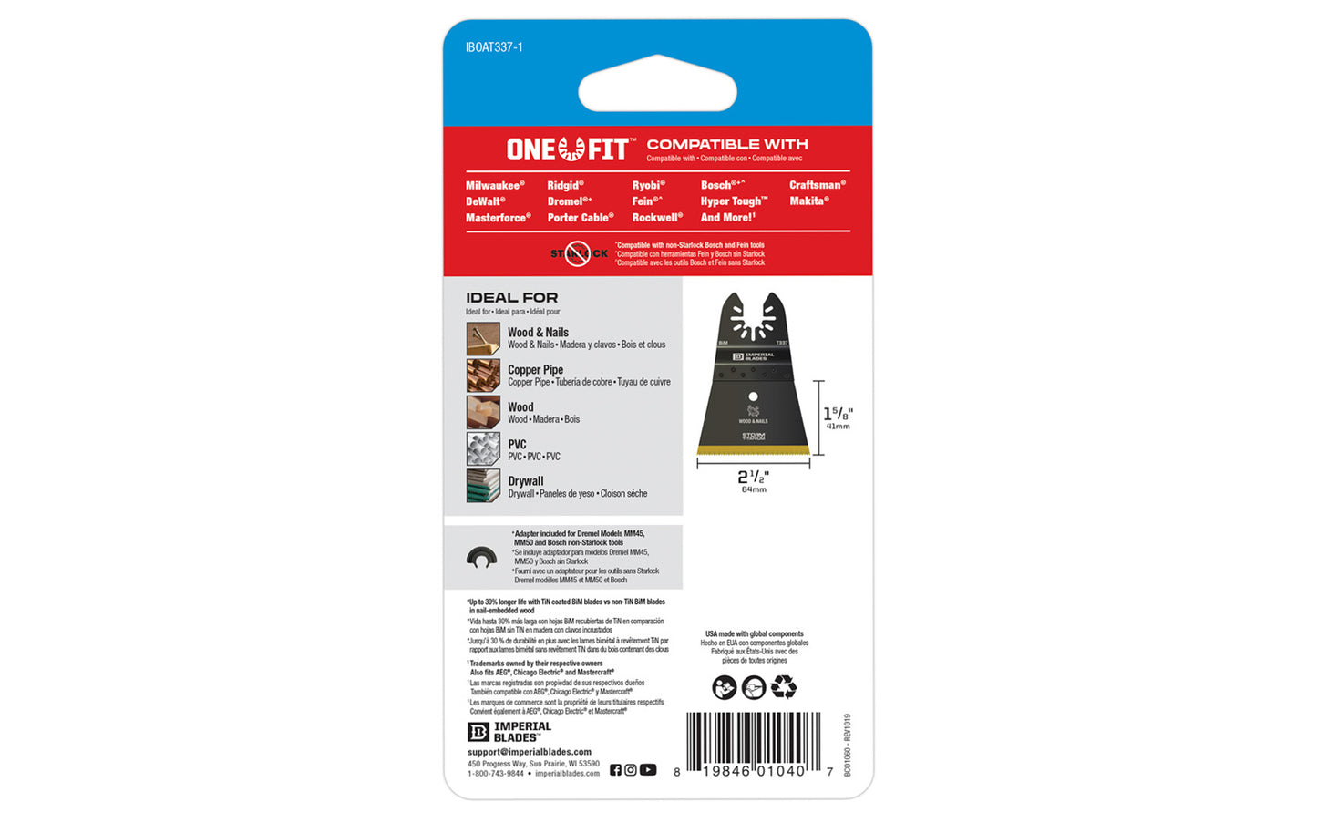 Imperial Blades "One Fit" 2-1/2"  Storm Titanium Wood & Nails Blade is a Storm Titanium Enhanced (TiN) coated blade for longest life & best performance. Recommended applications: Wood & Nails, Copper Pipe, Wood, PVC, Drywall. Popular projects: Cabinetry & cutting door. Model IBOAT337