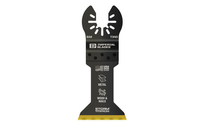 Imperial Blades "One Fit" 1-3/4" Multi-Material Storm Titanium Metal/Wood Blade is a BiM blade with a wavy tooth pattern that reduces strain on individual teeth for a superior cut in a variety of non-ferrous metal profiles. Recommended applications: Metal (Non-Ferrous), Wood & Nails, Wood, PVC, Drywall. Model IBOAT340