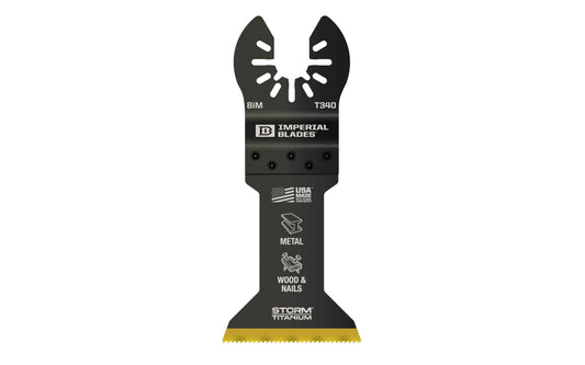 Imperial Blades "One Fit" 1-3/4" Multi-Material Storm Titanium Metal/Wood Blade is a BiM blade with a wavy tooth pattern that reduces strain on individual teeth for a superior cut in a variety of non-ferrous metal profiles. Recommended applications: Metal (Non-Ferrous), Wood & Nails, Wood, PVC, Drywall. Model IBOAT340