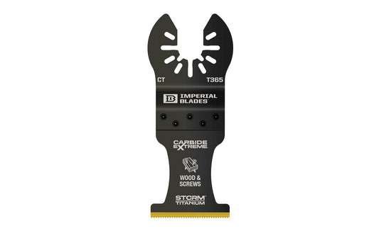 Imperial Blades "One Fit" 1-3/8" Carbide Extreme Storm Titanium Multi-Material Blade. Newly designed thin carbide profile for fast cuts in wood with embedded screws or nails. Recommended applications: Wood & Screws, Fiber Cement, Plaster, PVC, Drywall. Model IBOAT365.  Made in USA.   
