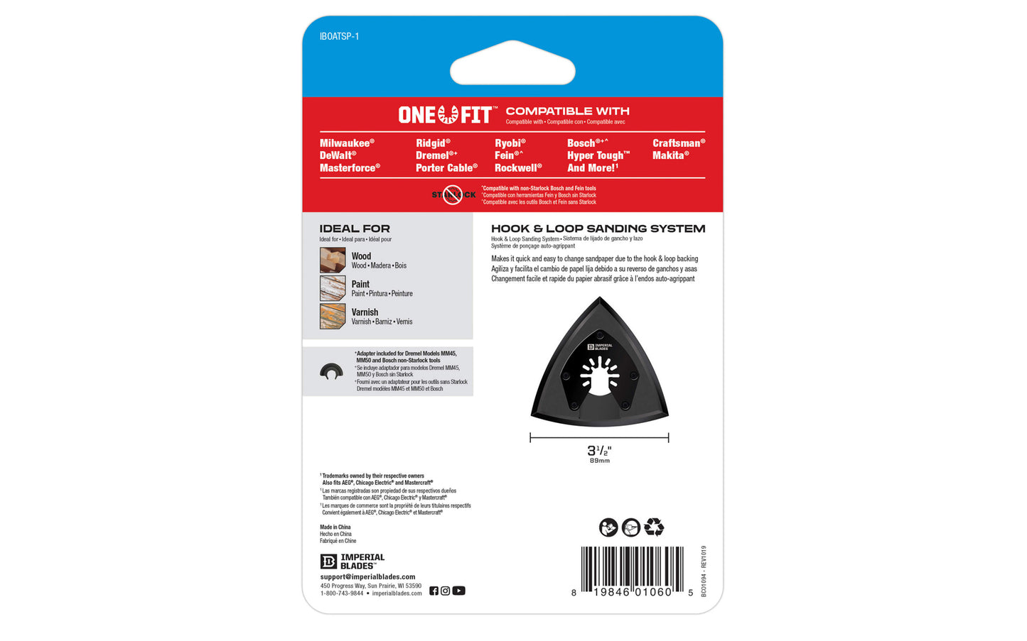 This sanding pad by Imperial Blades makes abrasive changes quick & easy due to hook & loop backing. Popular projects: Removal of excess wood, finish and paint for faster surface removal in hard-to-reach areas such as windows, doors, shutters & other furniture. Sold as one piece in pack. 819846010605. Model IBOATSP-1