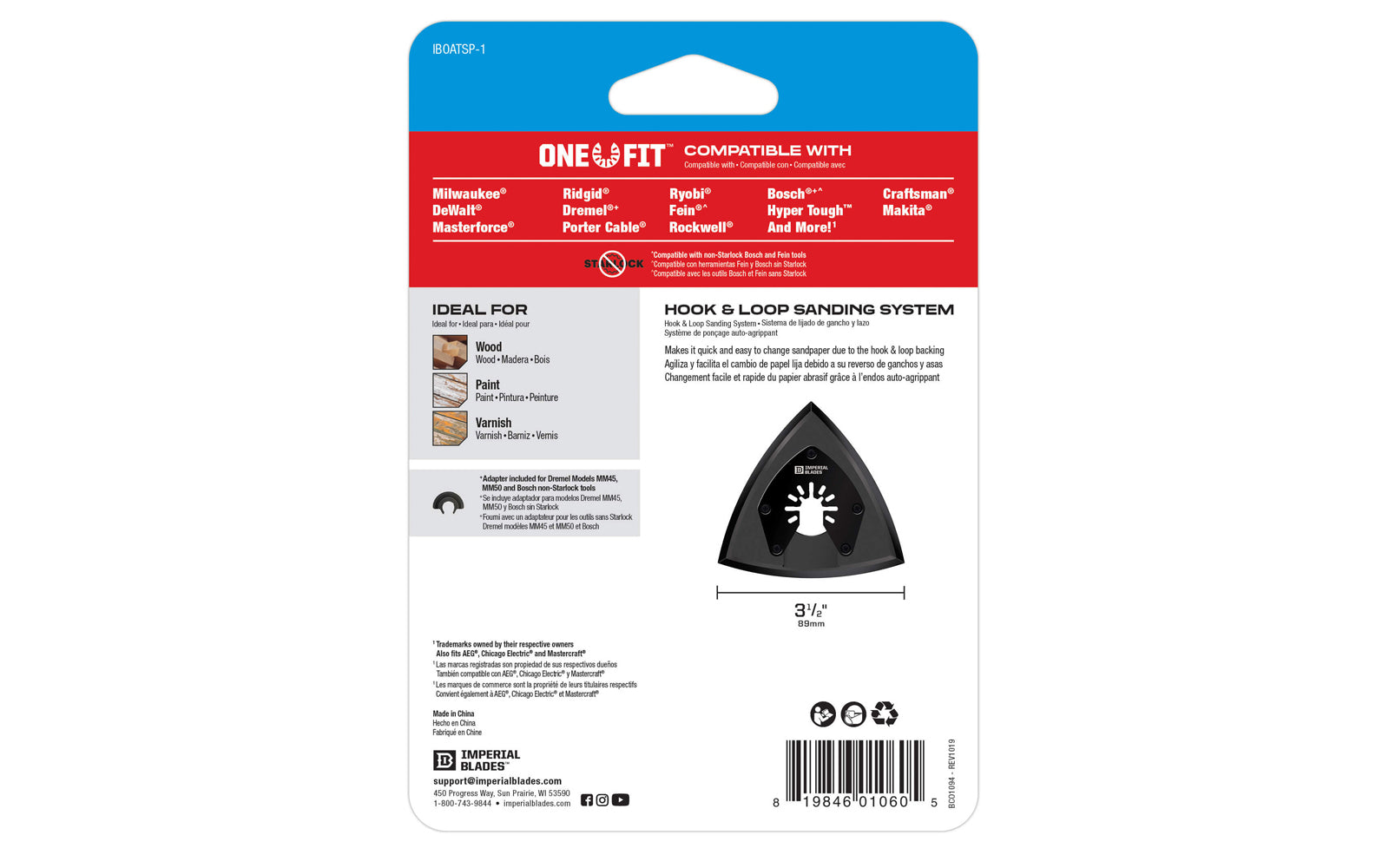 This sanding pad by Imperial Blades makes abrasive changes quick & easy due to hook & loop backing. Popular projects: Removal of excess wood, finish and paint for faster surface removal in hard-to-reach areas such as windows, doors, shutters & other furniture. Sold as one piece in pack. 819846010605. Model IBOATSP-1