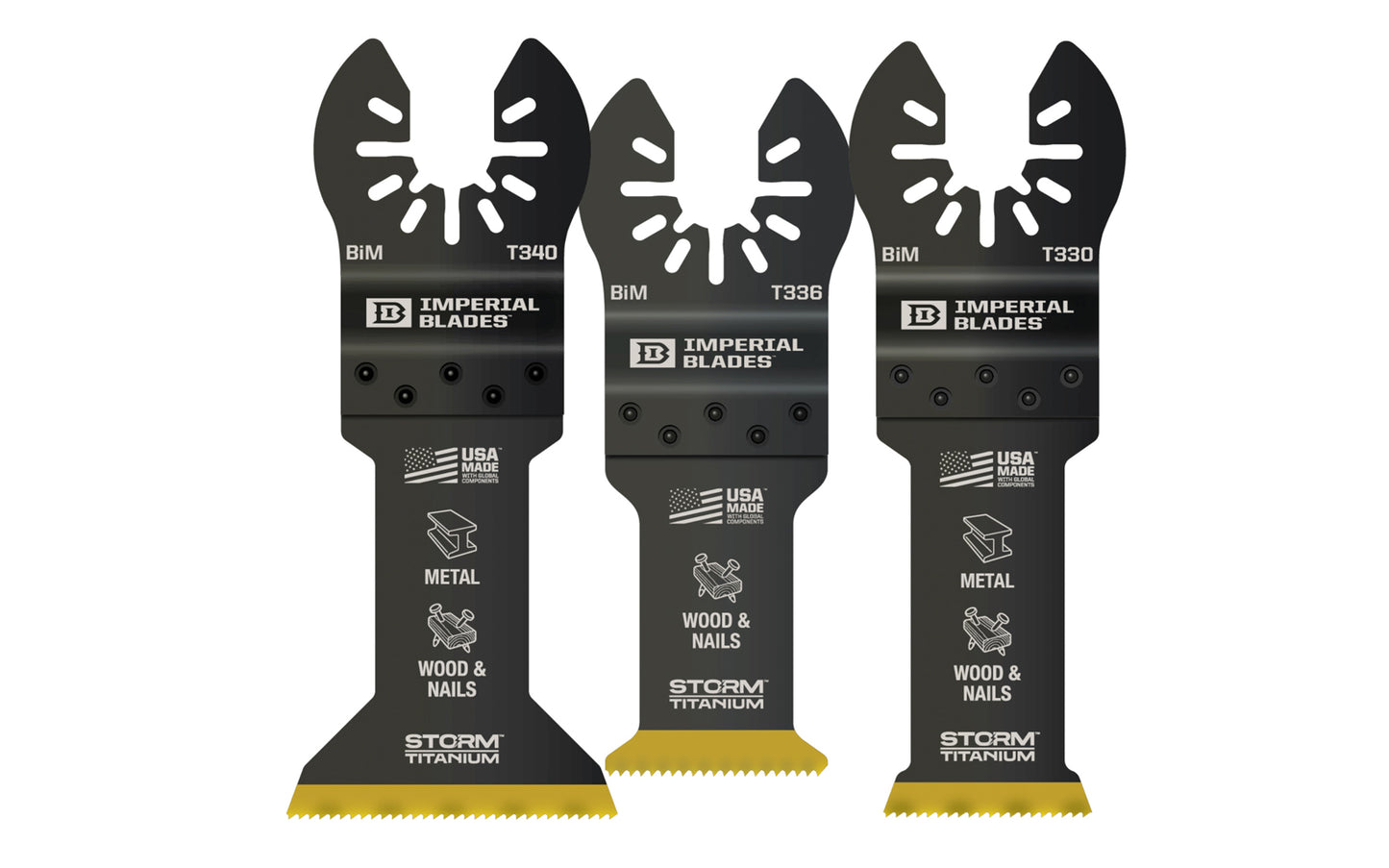 Imperial Blades "One Fit" Storm Titanium Metal/Wood Variety Pack - 3 PC. Variety pack of Storm Titanium Enhanced (TiN) coated blades for longest life, best performance. Recommended applications: Metal (Non-Ferrous), Wood & Nails, Copper Pipe, Wood, PVC, Drywall. 3 blades in pack. Model IBOATV-3. Made in USA. 