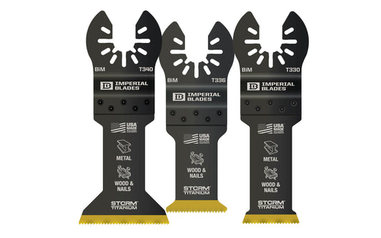 Imperial Blades "One Fit" Storm Titanium Metal/Wood Variety Pack - 3 PC. Variety pack of Storm Titanium Enhanced (TiN) coated blades for longest life, best performance. Recommended applications: Metal (Non-Ferrous), Wood & Nails, Copper Pipe, Wood, PVC, Drywall. 3 blades in pack. Model IBOATV-3. Made in USA. 