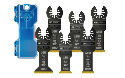 Imperial Blades "One Fit" Storm Titanium Metal/Wood Variety Pack - 6 PC. Variety pack of Storm Titanium Enhanced (TiN) coated blades for longest life, best performance. Recommended applications: Metal (Non-Ferrous), Wood & Nails, Copper Pipe, Wood, PVC, Drywall. 6 blades in pack. Model IBOATV-6.  Made in USA.   