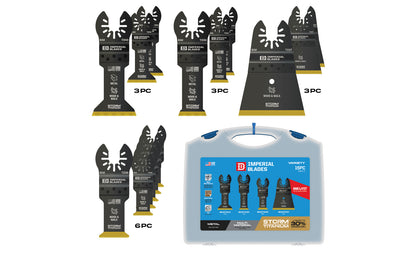 Imperial Blades "One Fit" Storm Titanium Metal/Wood Variety Pack 15 PC. Variety pack of Storm Titanium Enhanced (TiN) coated blades for long life, best performance. Recommended applications: Metal (Non-Ferrous), Wood & Nails, Copper Pipe, Wood, PVC, Drywall. 15 blades in pack. Case included. IBOATV-15. Made in USA.   