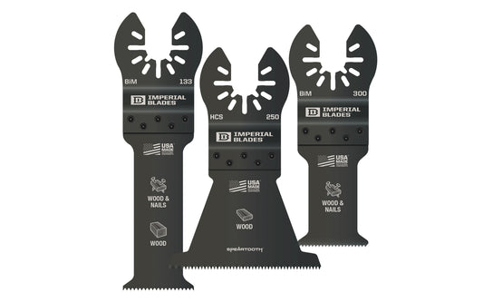 Imperial Blades Standard Wood Variety Pack. Recommended applications: Metal (Non-Ferrous), Wood & Nails, Copper Pipe, Hardwood, Wood, PVC, Drywall. 3 blades in pack.  Made in USA. 819846012401. Model IBOAV1-3