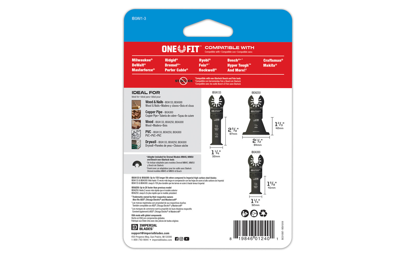 Imperial Blades Standard Wood Variety Pack. Recommended applications: Metal (Non-Ferrous), Wood & Nails, Copper Pipe, Hardwood, Wood, PVC, Drywall. 3 blades in pack.  Made in USA. 819846012401. Model IBOAV1-3