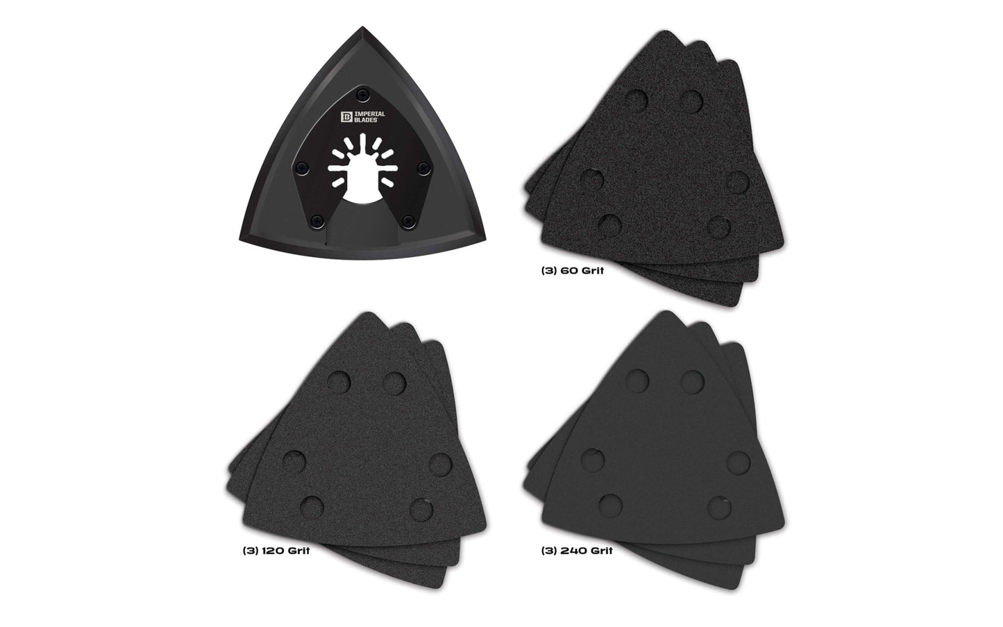 Imperial Blades "One Fit" 3-1/2" Oscillating Triangle Sanding Pad + Sandpaper Variety Pack - 10 PC. Variety pack includes the three most popular grit options for sanding projects: 60 Coarse Grit, 120 Medium Grit, 240 Fine Grit & a "One Fit" sanding pad attachment. 819846017987. Model IBOTSPV-10