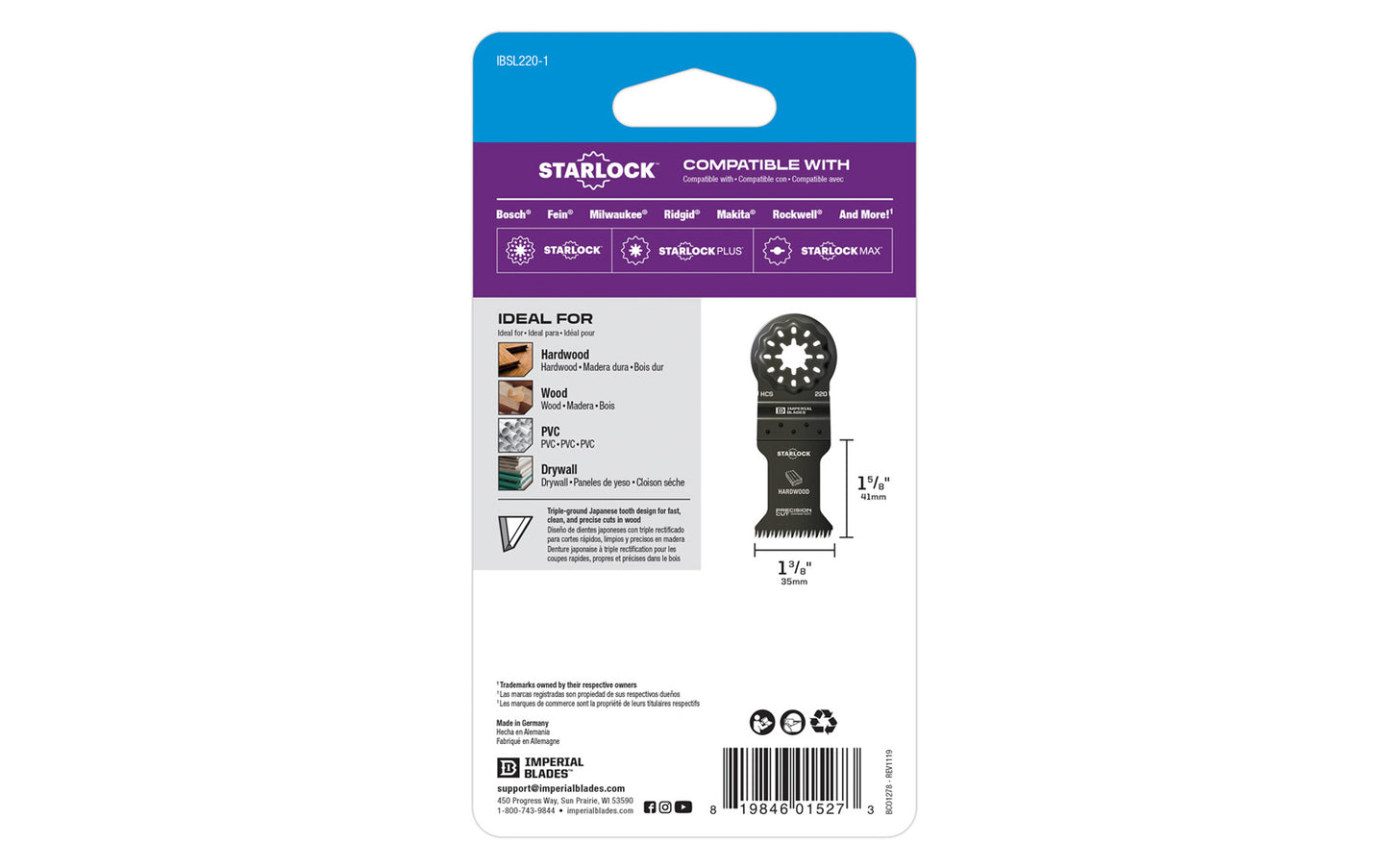 Imperial Blades "Starlock" 1-3/8" Japanese Tooth Hardwood Blade is a HCS blade with a triple-ground Japanese tooth design for fast, clean, & precise cuts in wood. Recommended applications: Hardwood, Wood, PVC, Drywall.   Made in USA. 