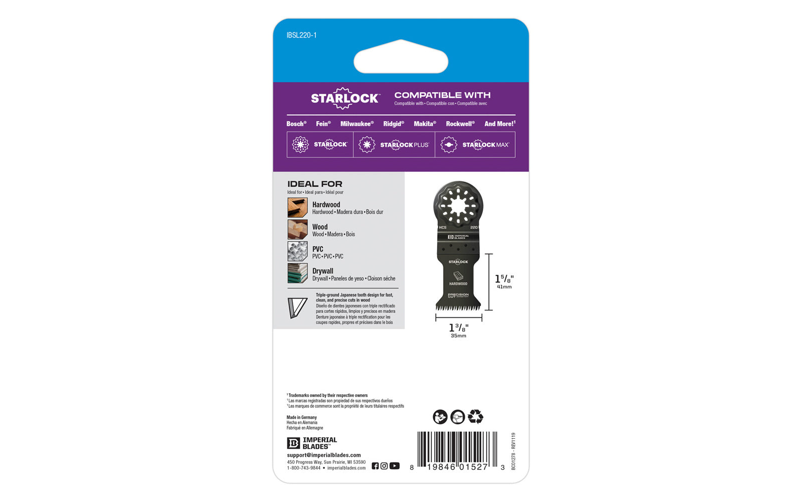 Imperial Blades "Starlock" 1-3/8" Japanese Tooth Hardwood Blade is a HCS blade with a triple-ground Japanese tooth design for fast, clean, & precise cuts in wood. Recommended applications: Hardwood, Wood, PVC, Drywall.   Made in USA. 