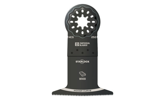Imperial Blades "Starlock" 2-1/2" Standard Power Curve Wood Blade is a HCS blade designed for cutting Wood, PVC, Drywall. New Power Curve cutting edge for greater control & easier starts while plunge cutting. Extra-wide fan blade ideal for long & straight flush cuts with minimal deflection. Made in USA. IBSL250 