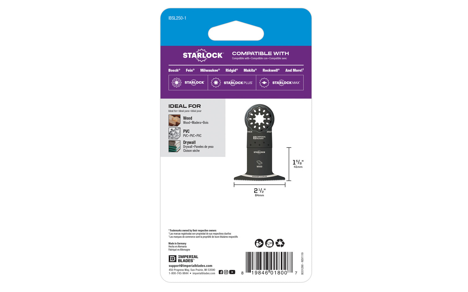 Imperial Blades "Starlock" 2-1/2" Standard Power Curve Wood Blade is a HCS blade designed for cutting Wood, PVC, Drywall. New Power Curve cutting edge for greater control & easier starts while plunge cutting. Extra-wide fan blade ideal for long & straight flush cuts with minimal deflection. Made in USA. IBSL250 