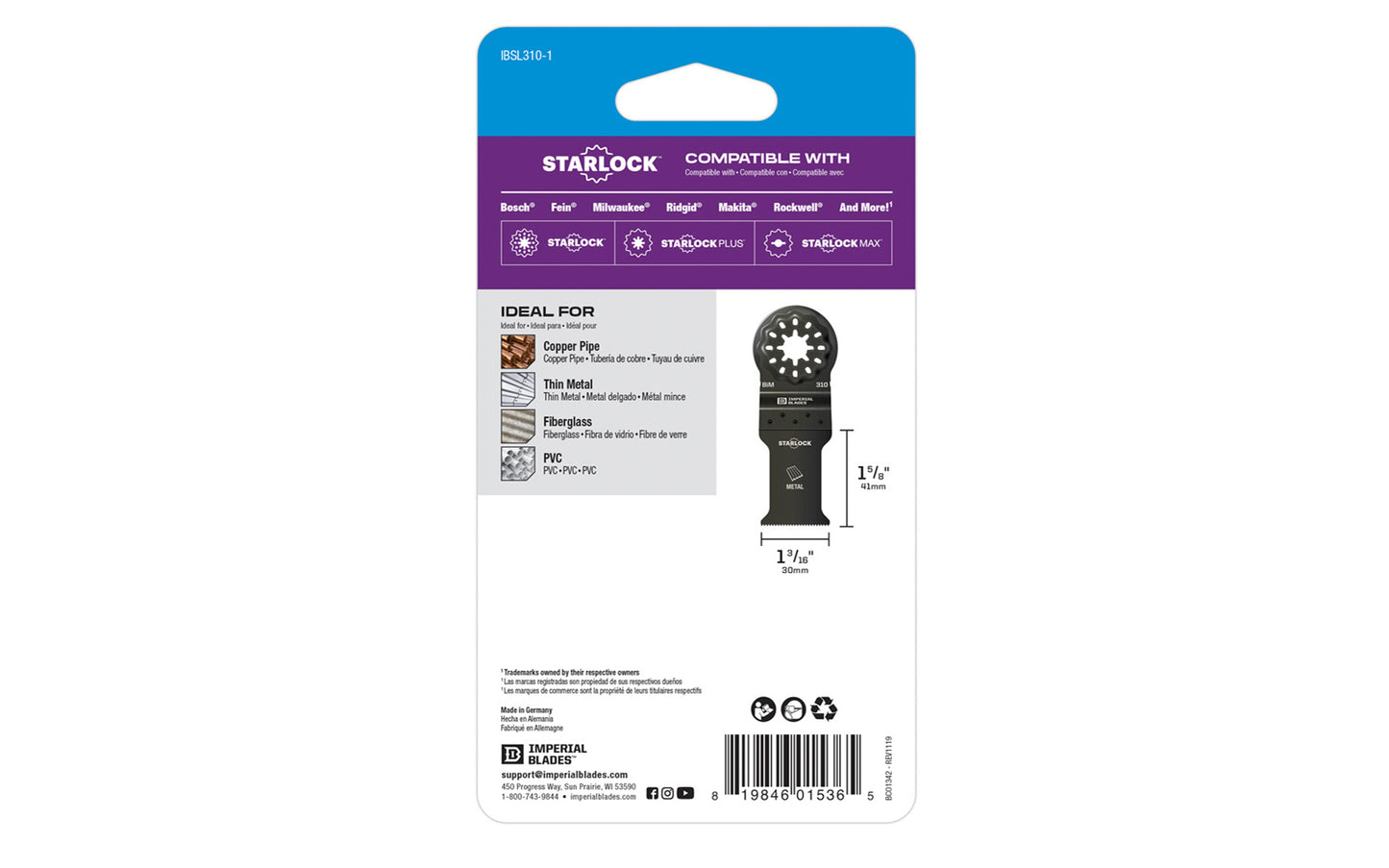 Imperial Blades "Starlock" 1-3/16" Standard Thin Metal Blade. Ultra-thin cutting line for fast, smooth cuts in non-ferrous metals. Recommended applications: Copper Pipe, Thin Metal, Fiberglass, PVC. Model IBSL310. Made in USA. 