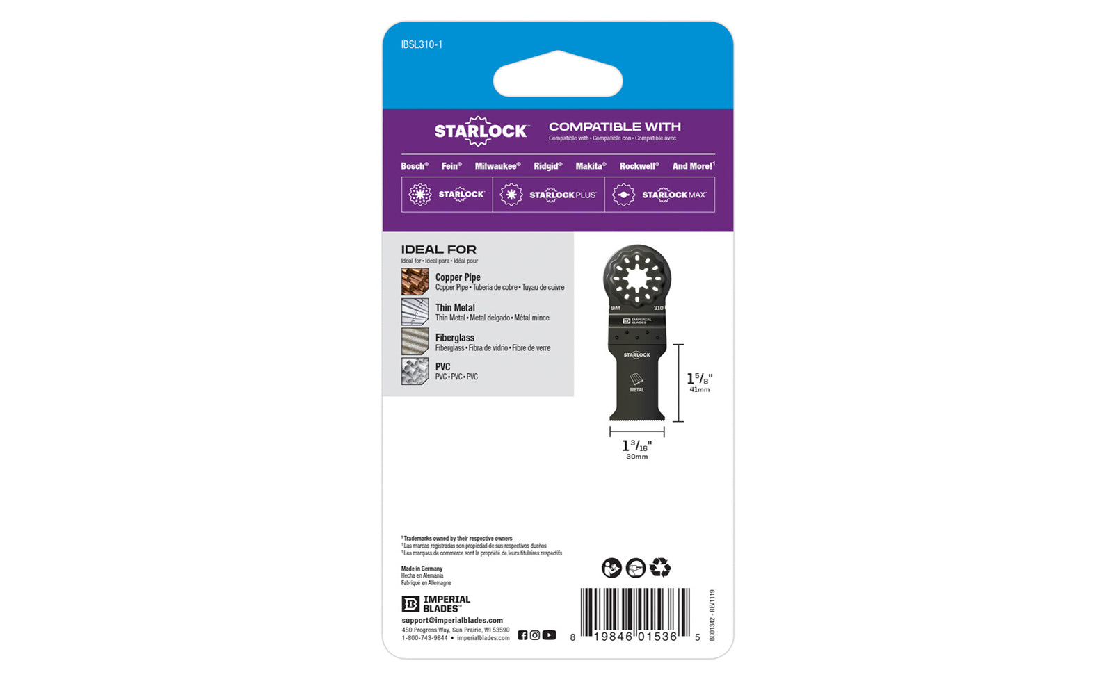 Imperial Blades "Starlock" 1-3/16" Standard Thin Metal Blade. Ultra-thin cutting line for fast, smooth cuts in non-ferrous metals. Recommended applications: Copper Pipe, Thin Metal, Fiberglass, PVC. Model IBSL310. Made in USA. 