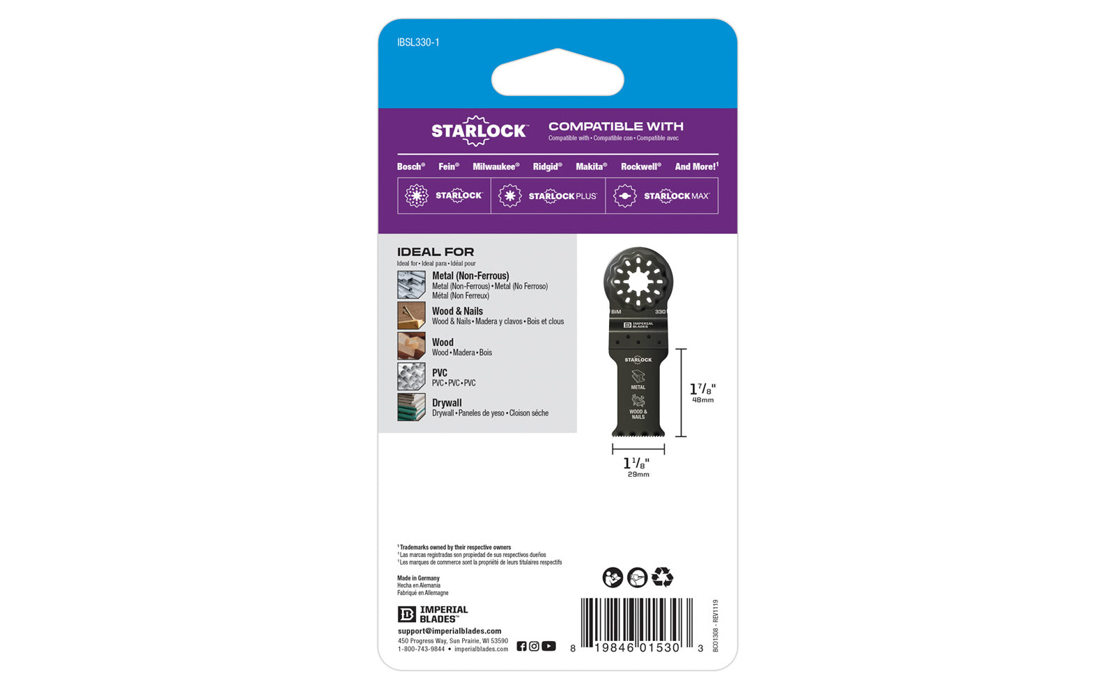 Imperial Blades "Starlock" 1-1/8" Multi-Material Metal/Wood Blade is a BiM blade with a wavy tooth pattern that reduces strain on individual teeth for a superior cut in a wide variety of non-ferrous metal profiles. Recommended applications: Metal (Non-Ferrous), Wood & Nails, Wood, PVC, Drywall. Width: 1-1/8" (29 mm)