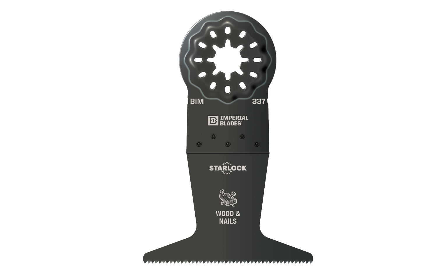 Imperial Blades "Starlock" 2-1/2" Standard Wood & Nails Blade is a BiMetal blade designed for cutting Wood & Nails, Copper Pipe, Wood, PVC. Extra-wide fan blade ideal for long and straight flush cuts with minimal deflection. BiM Blade. Model IBSL337. Blade Width: 2-1/2" (64 mm). Blade Depth: 1-5/8" (41 mm)