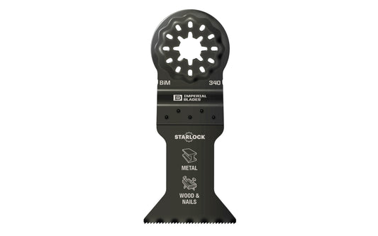 Imperial Blades "Starlock" 1-3/4" Multi-Material Metal/Wood Blade is a BiM blade with a wavy tooth pattern that reduces strain on individual teeth for a superior cut in a wide variety of non-ferrous metal profiles. Recommended applications: Metal (Non-Ferrous), Wood & Nails, Wood, PVC, Drywall. Width: 1-3/4" (44 mm)