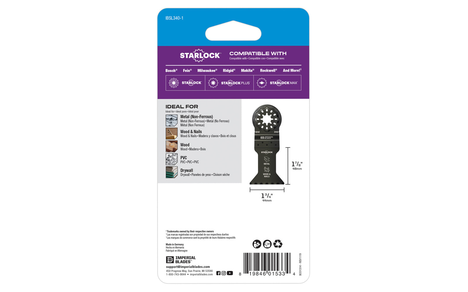 Imperial Blades "Starlock" 1-3/4" Multi-Material Metal/Wood Blade is a BiM blade with a wavy tooth pattern that reduces strain on individual teeth for a superior cut in a wide variety of non-ferrous metal profiles. Recommended applications: Metal (Non-Ferrous), Wood & Nails, Wood, PVC, Drywall. Width: 1-3/4" (44 mm)