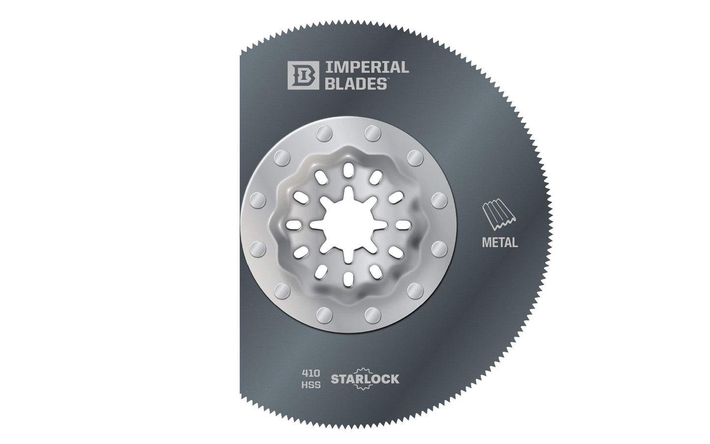 Imperial Blades "Starlock" 3-3/8" Thin Metal Segment Blade. Segment blade shape ideal for working in corners & on edges without overcut. Recommended applications: Thin Metal, Wood, Fiberglass, PVC. Popular projects: Long, straight cuts in sheet or thin metal for ductwork. Made in USA. 819846015396. Model IBSL410-1  
