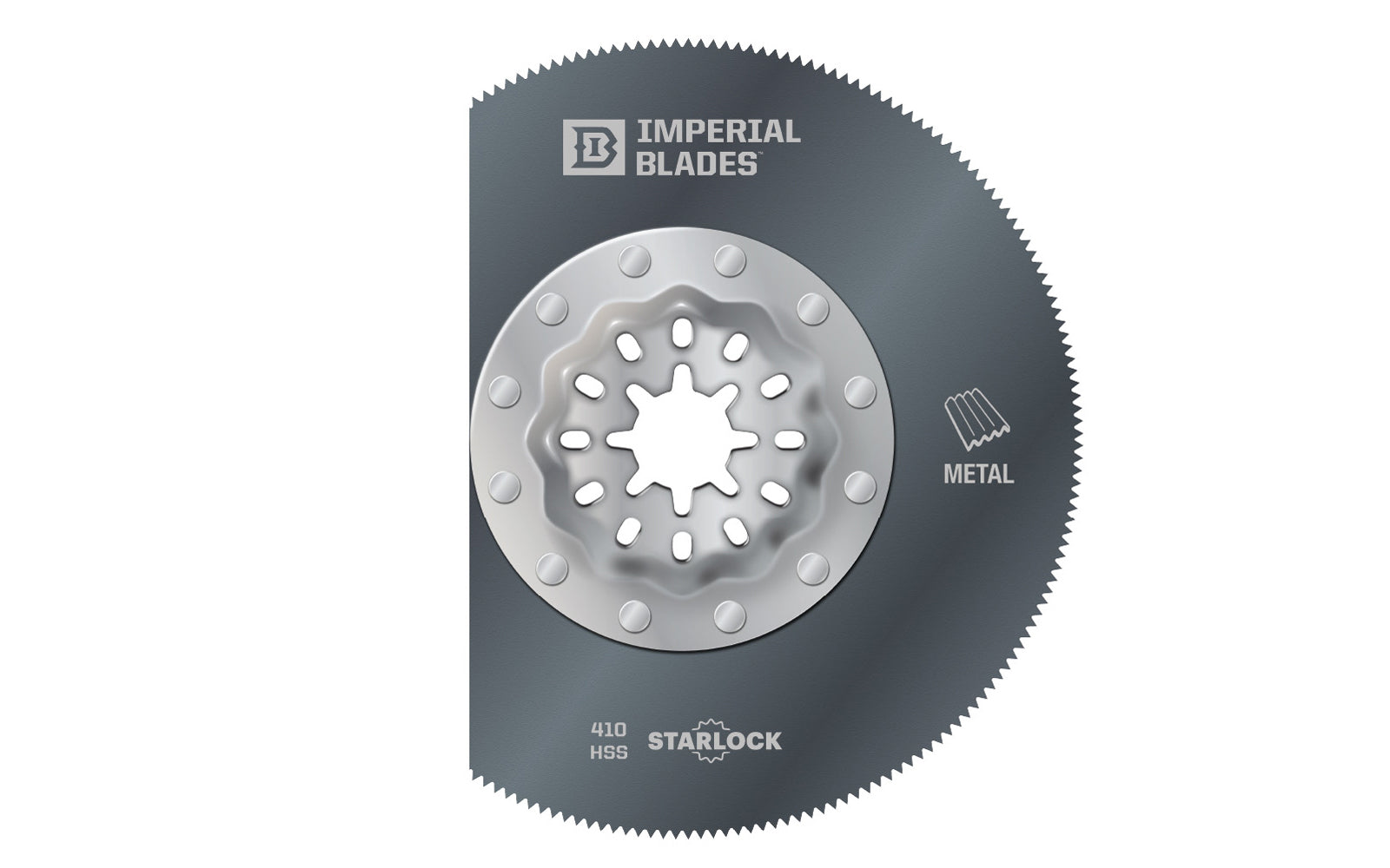 Imperial Blades "Starlock" 3-3/8" Thin Metal Segment Blade. Segment blade shape ideal for working in corners & on edges without overcut. Recommended applications: Thin Metal, Wood, Fiberglass, PVC. Popular projects: Long, straight cuts in sheet or thin metal for ductwork. Made in USA. 819846015396. Model IBSL410-1  