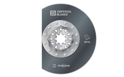 Imperial Blades "Starlock" 3-3/8" Thin Metal Segment Blade. Segment blade shape ideal for working in corners & on edges without overcut. Recommended applications: Thin Metal, Wood, Fiberglass, PVC. Popular projects: Long, straight cuts in sheet or thin metal for ductwork. Made in USA. 819846015396. Model IBSL410-1  