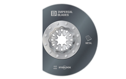 Imperial Blades "Starlock" 3-3/8" Thin Metal Segment Blade. Segment blade shape ideal for working in corners & on edges without overcut. Recommended applications: Thin Metal, Wood, Fiberglass, PVC. Popular projects: Long, straight cuts in sheet or thin metal for ductwork. Made in USA. 819846015396. Model IBSL410-1  