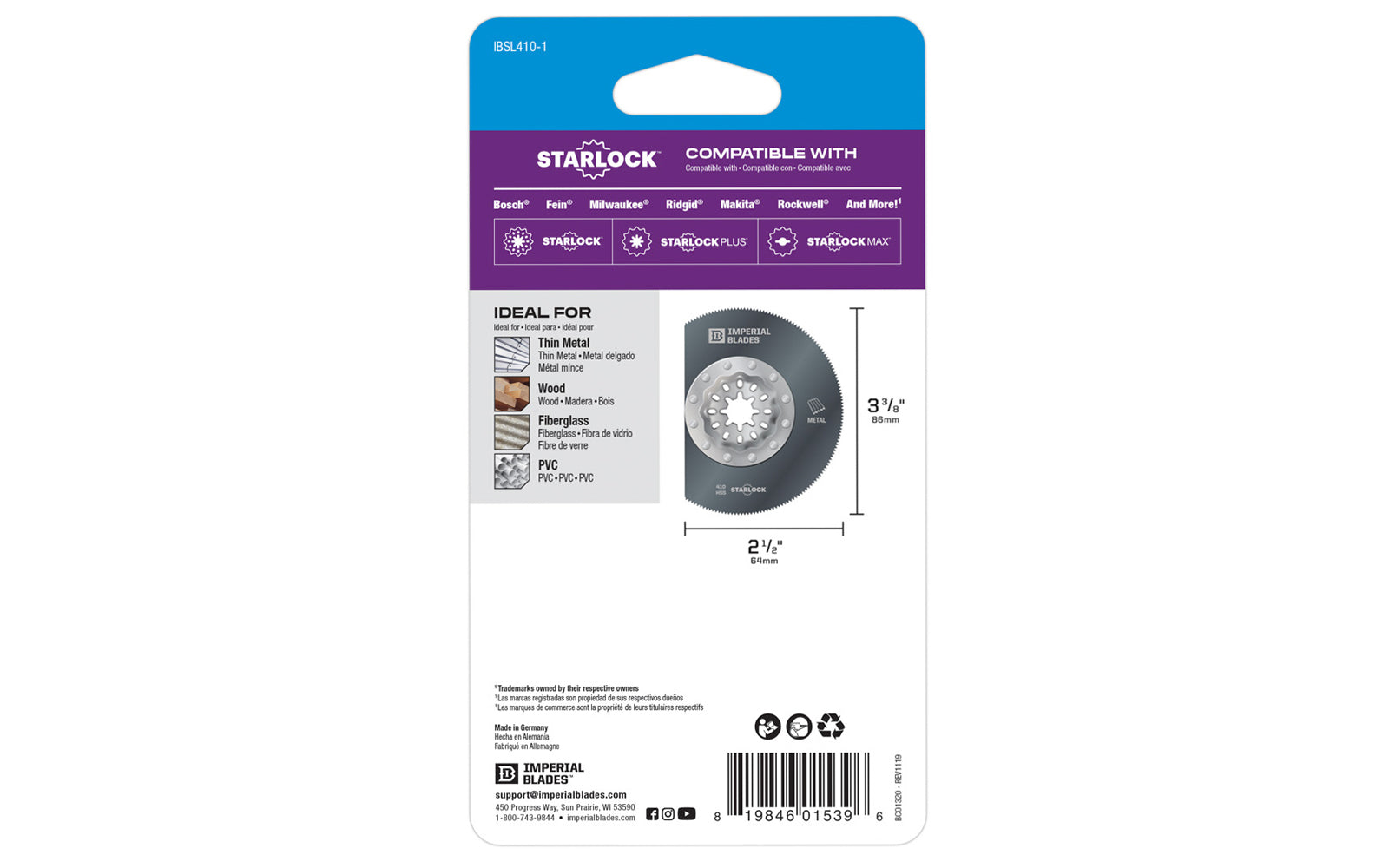 Imperial Blades "Starlock" 3-3/8" Thin Metal Segment Blade. Segment blade shape ideal for working in corners & on edges without overcut. Recommended applications: Thin Metal, Wood, Fiberglass, PVC. Popular projects: Long, straight cuts in sheet or thin metal for ductwork. Made in USA. 819846015396. Model IBSL410-1  
