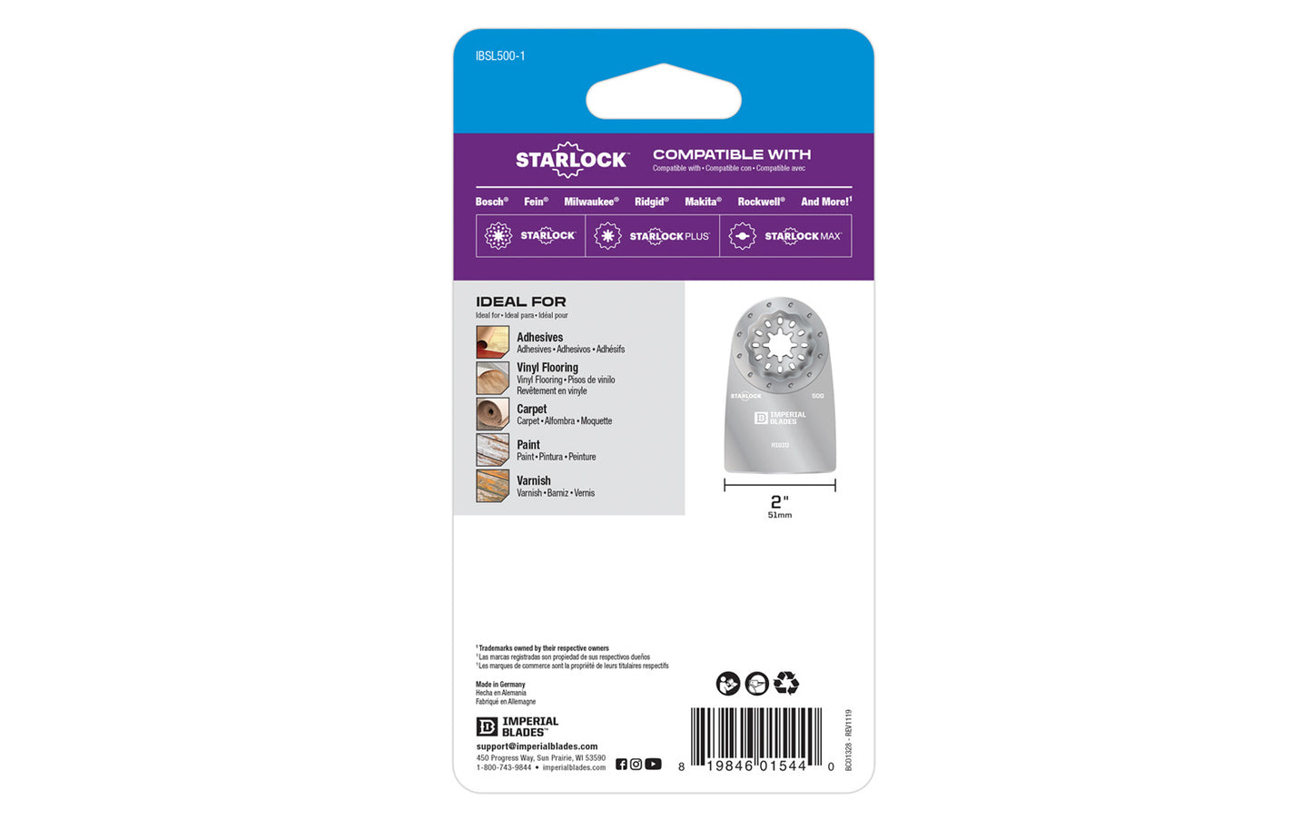 Imperial Blades "Starlock" 2" Hard Material Rigid Scraper. Recommended applications: Adhesives, Vinyl Flooring, Carpet, Paint, Varnish. Popular projects: Removing caulk or vinyl floors in bathroom or home renovation & removing urethane or adhesive residues in car restoration. Model IBSL500-1. 819846015440. Made in USA.