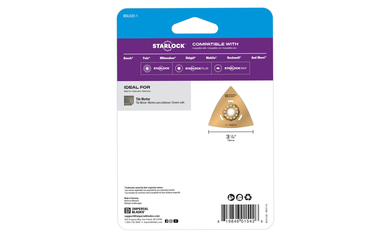 Imperial Blades "Starlock" 3-1/8" Carbide Grit Triangle Rasp. Ideal for coarse grinding, rasping or aggressive material removal over large surface areas. Recommended applications: Tile Mortar. Popular projects: Removing thinset while replacing damaged tiles. Sold as one piece in pack.  Made in USA. Model  IBSL620-1