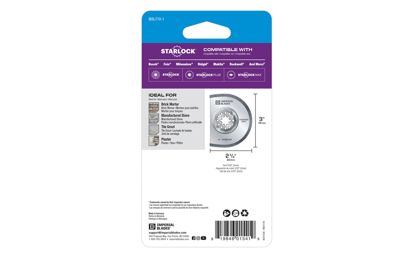 Imperial Blades "Starlock" 3" Diamond Grit Segment Blade. Segment blade shape ideal for working in corners & on edges without overcut. Recommended applications: Brick Mortar, Manufactured Stone, Tile Grout, Plaster. Popular projects: Removal of hard epoxy & cement grout. Made in USA. 819846015419. Model IBSL710-1