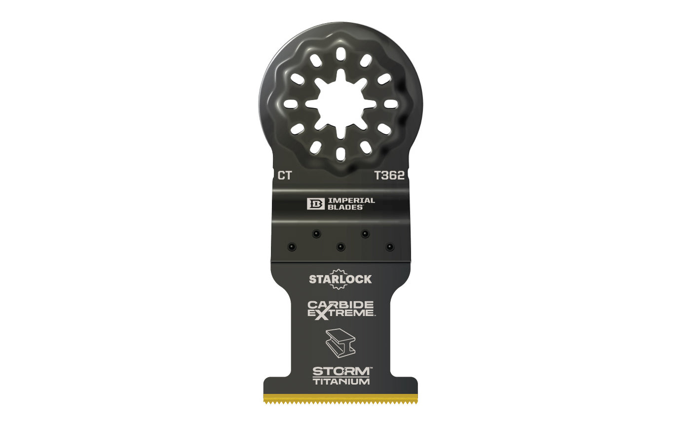 Imperial Blades "Starlock" 1-3/8" Carbide Extreme Storm Titanium Metal Blade is a Storm Titanium (TiN) coated blade for longest life with carbide embedded teeth for the toughest applications. Recommended applications: Thick Metal, Bolts, Screws, Copper Pipe, Wood & Nails. Imperial Blade Carbide Teeth Blade.