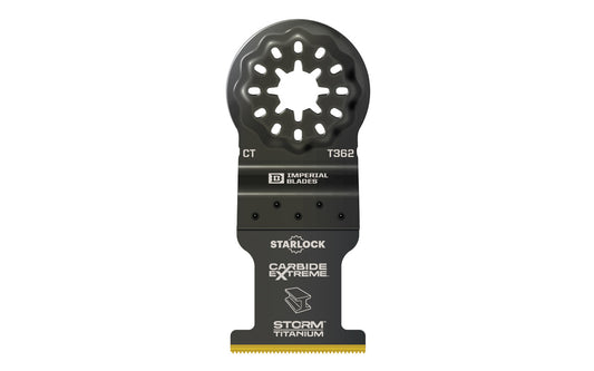 Imperial Blades "Starlock" 1-3/8" Carbide Extreme Storm Titanium Metal Blade is a Storm Titanium (TiN) coated blade for longest life with carbide embedded teeth for the toughest applications. Recommended applications: Thick Metal, Bolts, Screws, Copper Pipe, Wood & Nails. Imperial Blade Carbide Teeth Blade.