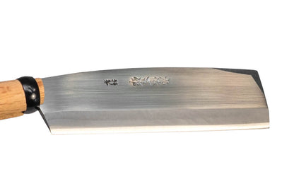 Japanese Forged Laminated Froe-Knife ~ Made in Japan · Hand forged laminated steel head ~ Tempered to HRC 63 ~ Single bevel edge - razor sharp ~ 7-1/8" cutting edge ~ 1/4" extra thick back of blade