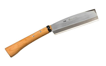 Japanese Forged Laminated Froe-Knife ~ Made in Japan · Hand forged laminated steel head ~ Tempered to HRC 63 ~ Single bevel edge - razor sharp ~ 7-1/8" cutting edge ~ 1/4" extra thick back of blade