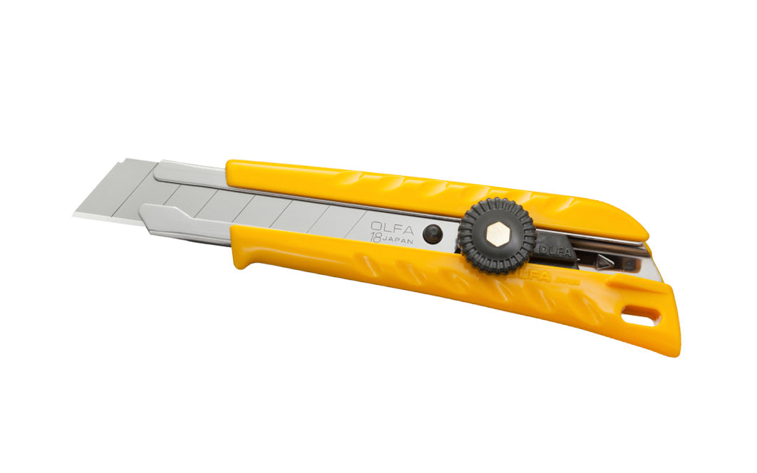 This L-1 Olfa snap-off utility knife is the original & most popular multi-purpose heavy-duty cutter knife made by Olfa. Takes 18 mm (3/4") wide blades. Includes the general purpose silver blade; premium carbon tool steel LB blade for superior sharpness & edge retention. Ratchet-wheel lock. 091511600049. Made in Japan