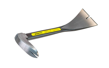 Made in Japan · Drop-forged & tempered Dogyu Japanese carpenter's pry bar. Kenzai Hagashi V Bar - 90° angle nail puller paw - Nail puller, prying tool, hammer, & scraper all in one tool - Pry bar end is flared with special curve - Japanese Cat's Paw Pry Bar. Rounded head on nail puller gives leverage. Great for prying. 150 mm size.