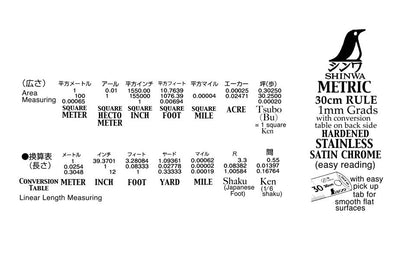 Shinwa "Pick Up" Satin Chrome Stainless Ruler - Metric - 30cm long - 1 mm graduations ~ Model. 13134